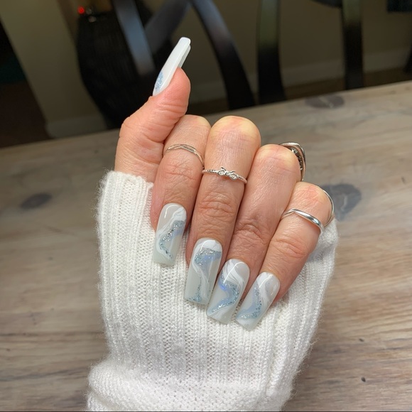 Milky White Blue Marble Press On Nail’s - Picture 1 of 10